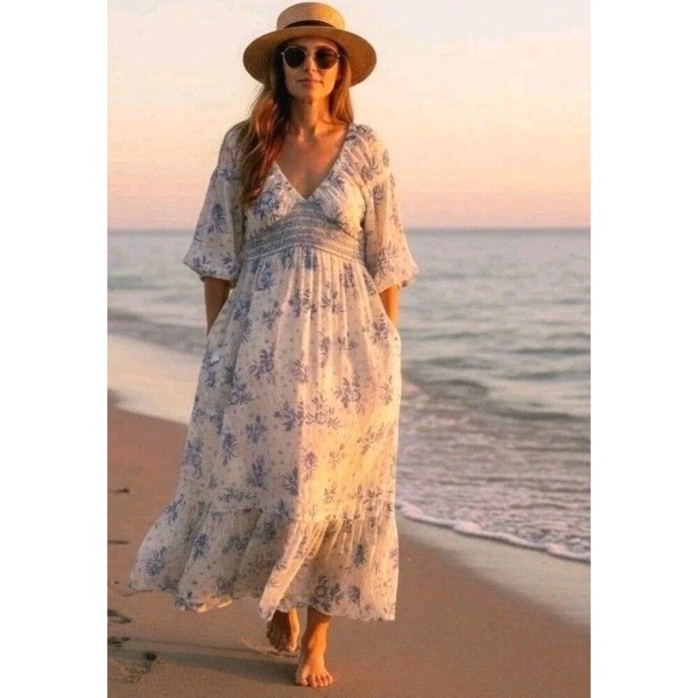 Free People Cream Midi Dress with Blue Floral Print